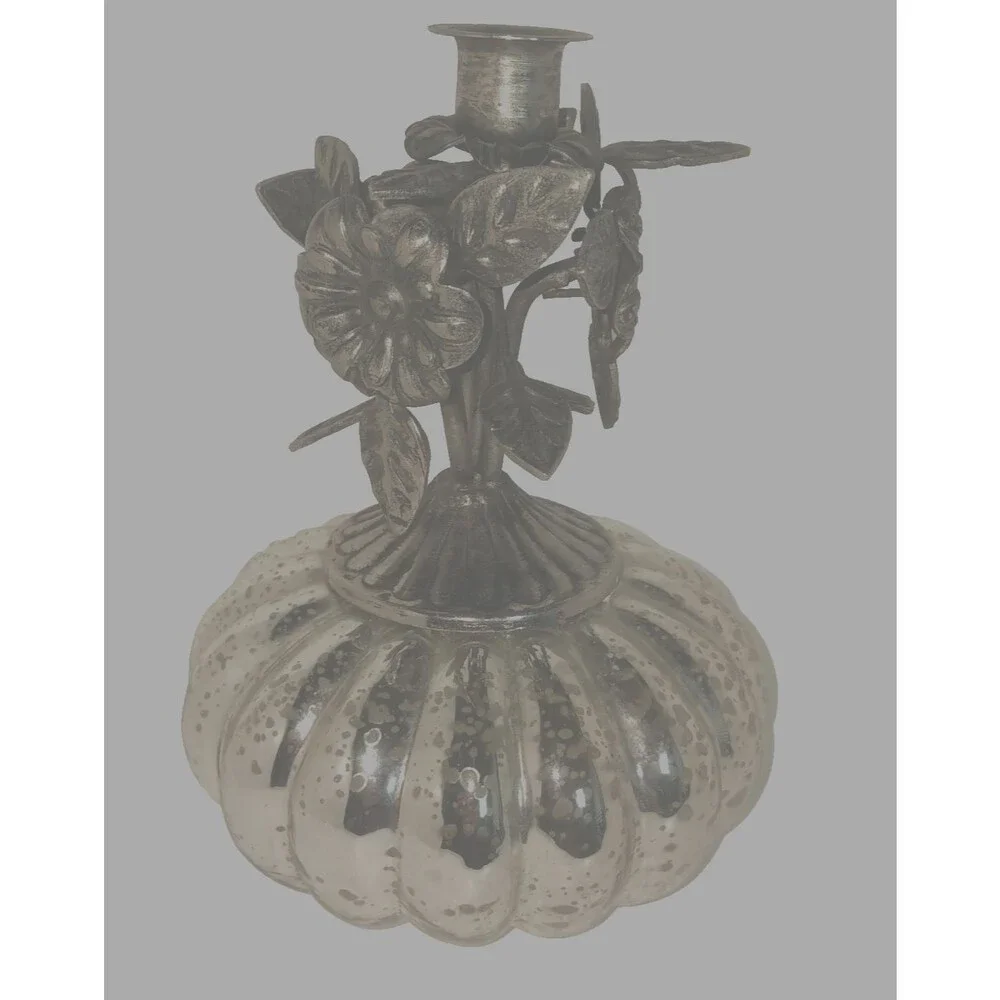 Vintage Rooste Silver Mercury Glass Pumpkin Candlestick Holder Punched Tin 7.75